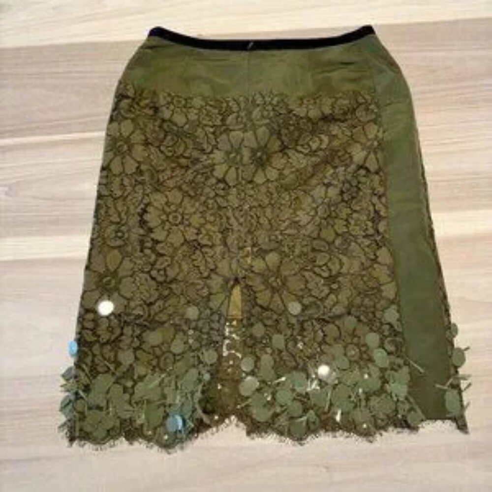 Dries Van Noten Jupe Midi En Dentelle Green Khaki Lace Skirt Women's Size 38